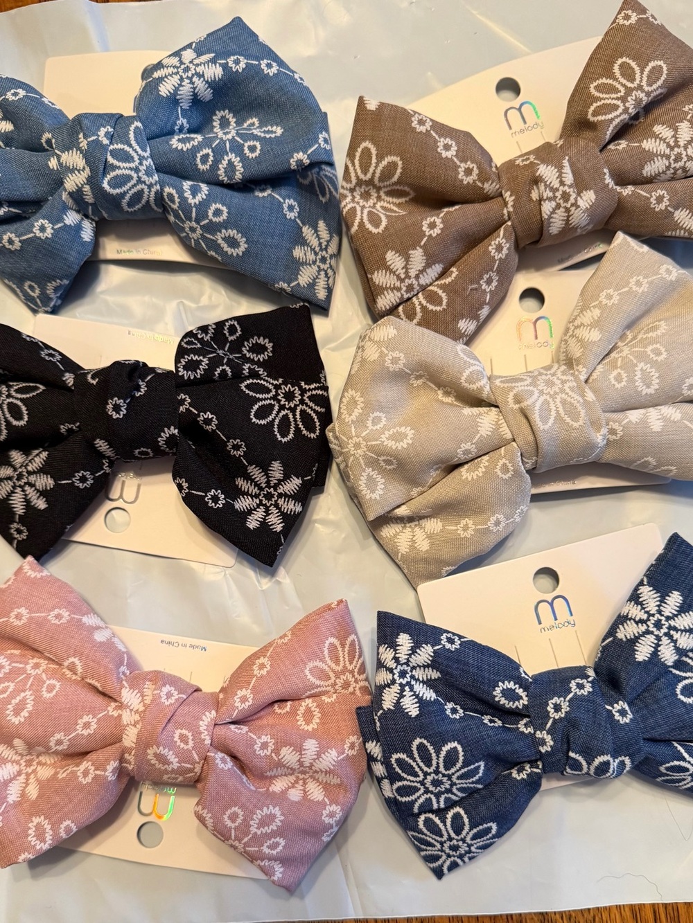 Floral Bow Hair Clip - Blue, Pink, Black, Beige, Brown